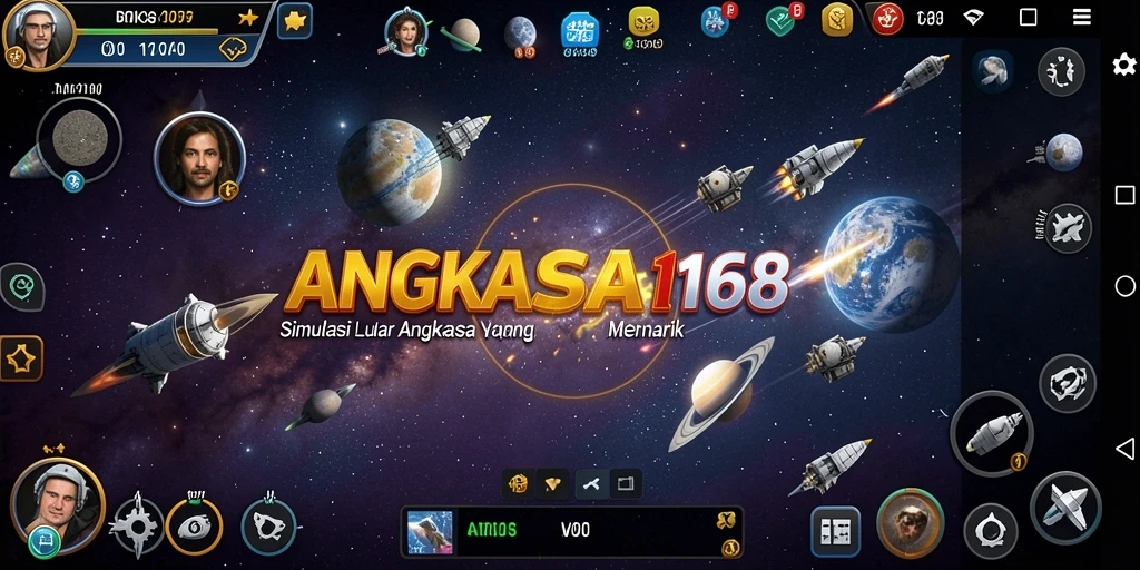Tampilan gameplay ANGKASA168 dengan stasiun luar angkasa yang berwarna-warni.