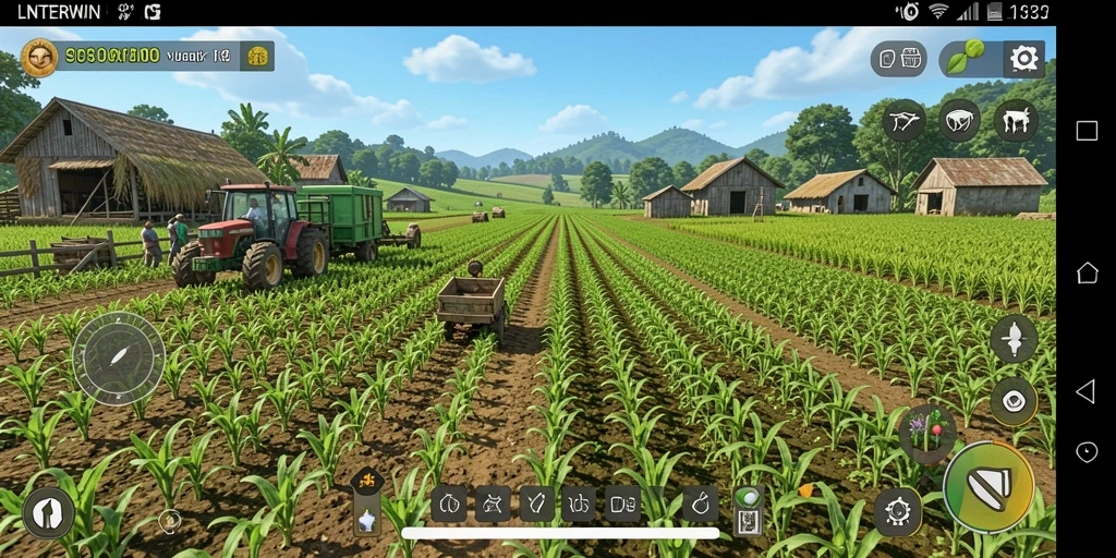 Screenshot LNTERWIN menunjukkan gameplay pertanian yang seru dan interaktif.