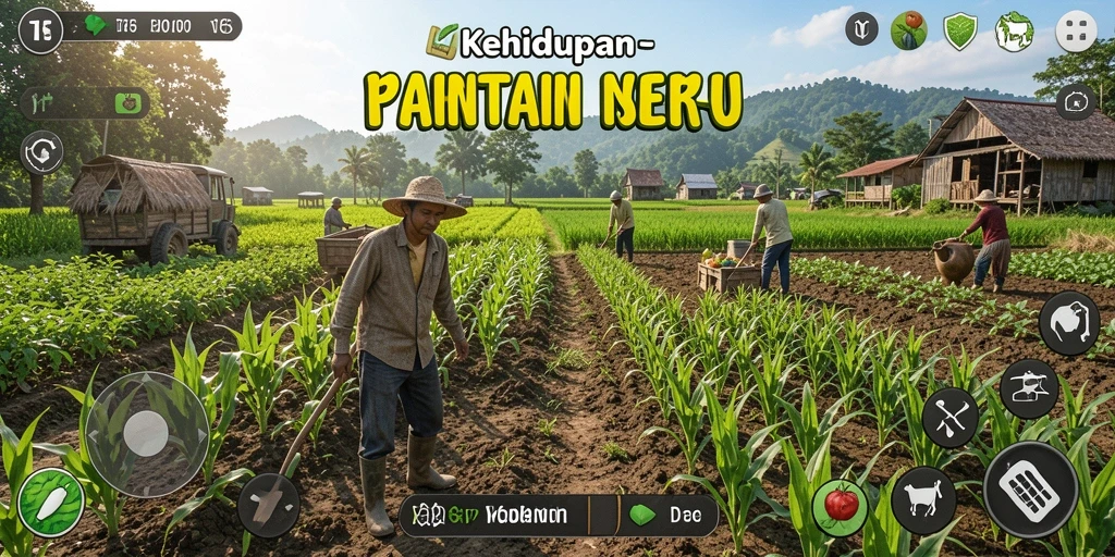 Screenshot gameplay T6 memperlihatkan kebun yang indah dengan hasil panen melimpah.